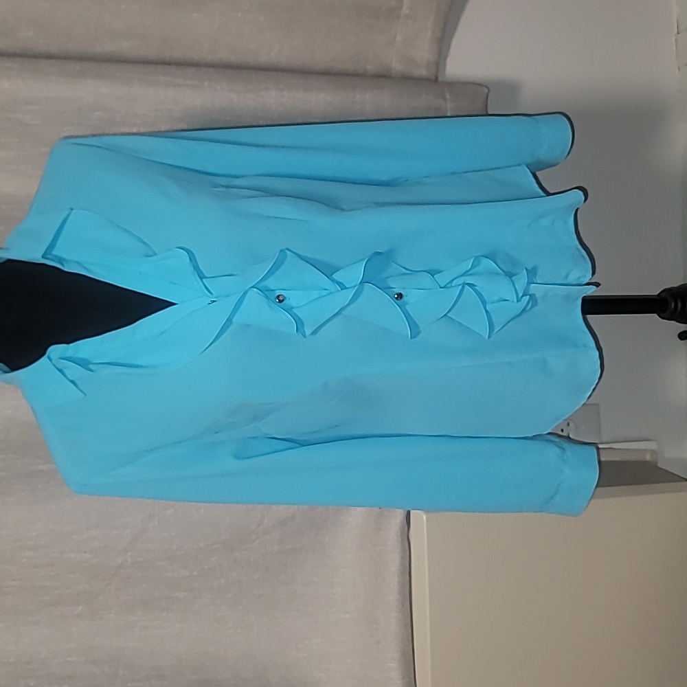 New York & Company blue long sleeve ruffled front blouse